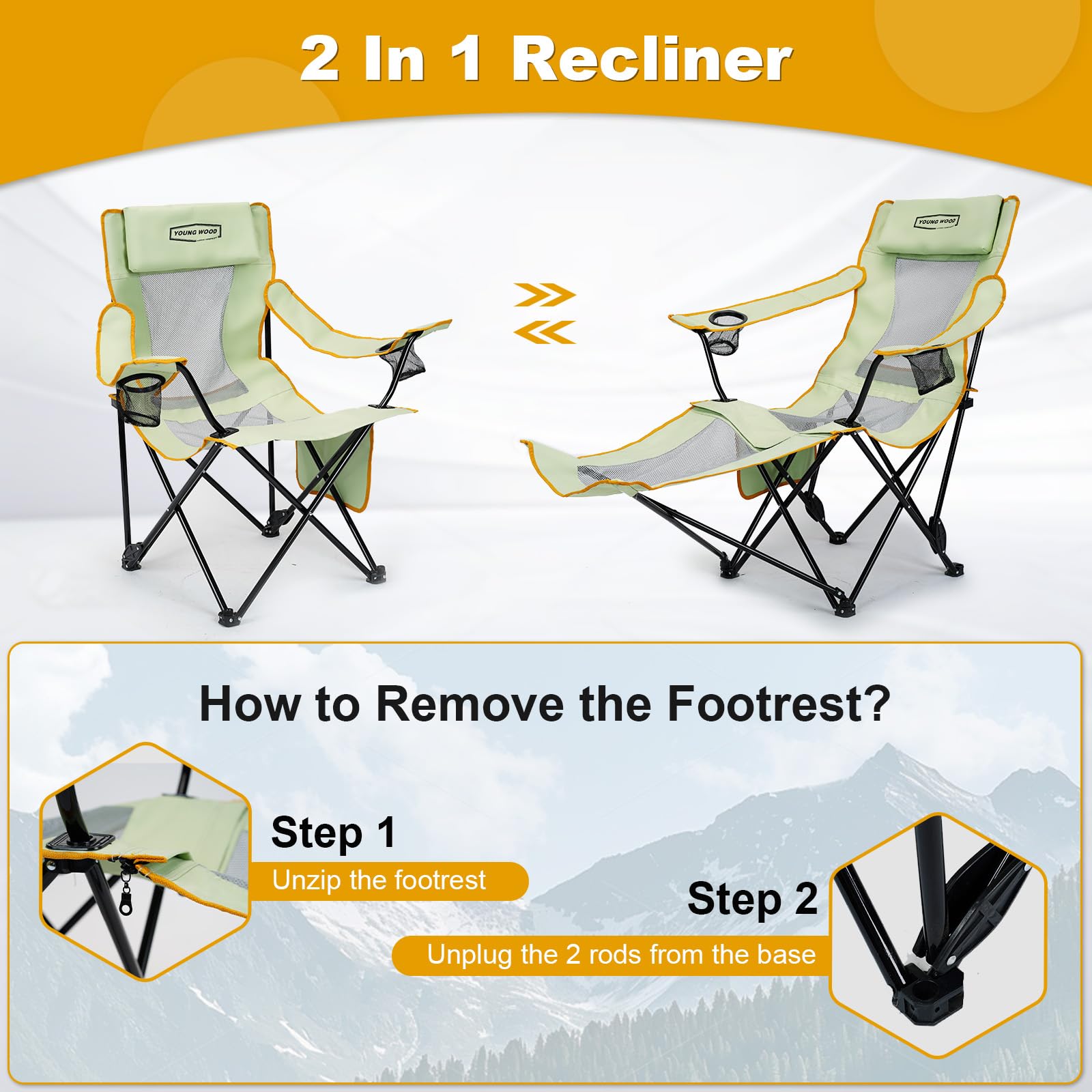 YOUNG WOOD camping lounge chair backpack-storage displays built-in storage for belongings.