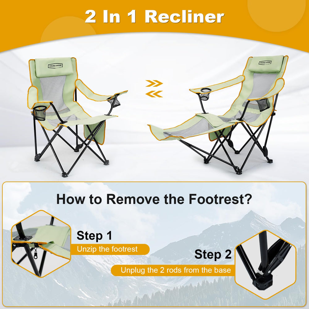 YOUNG WOOD camping lounge chair backpack-storage displays built-in storage for belongings.