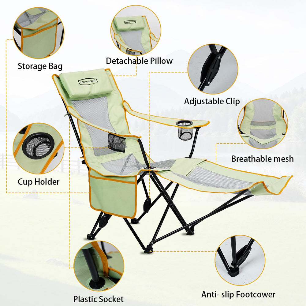 YOUNG WOOD camping lounge chair folded-carry illustrates portable design for easy transport.