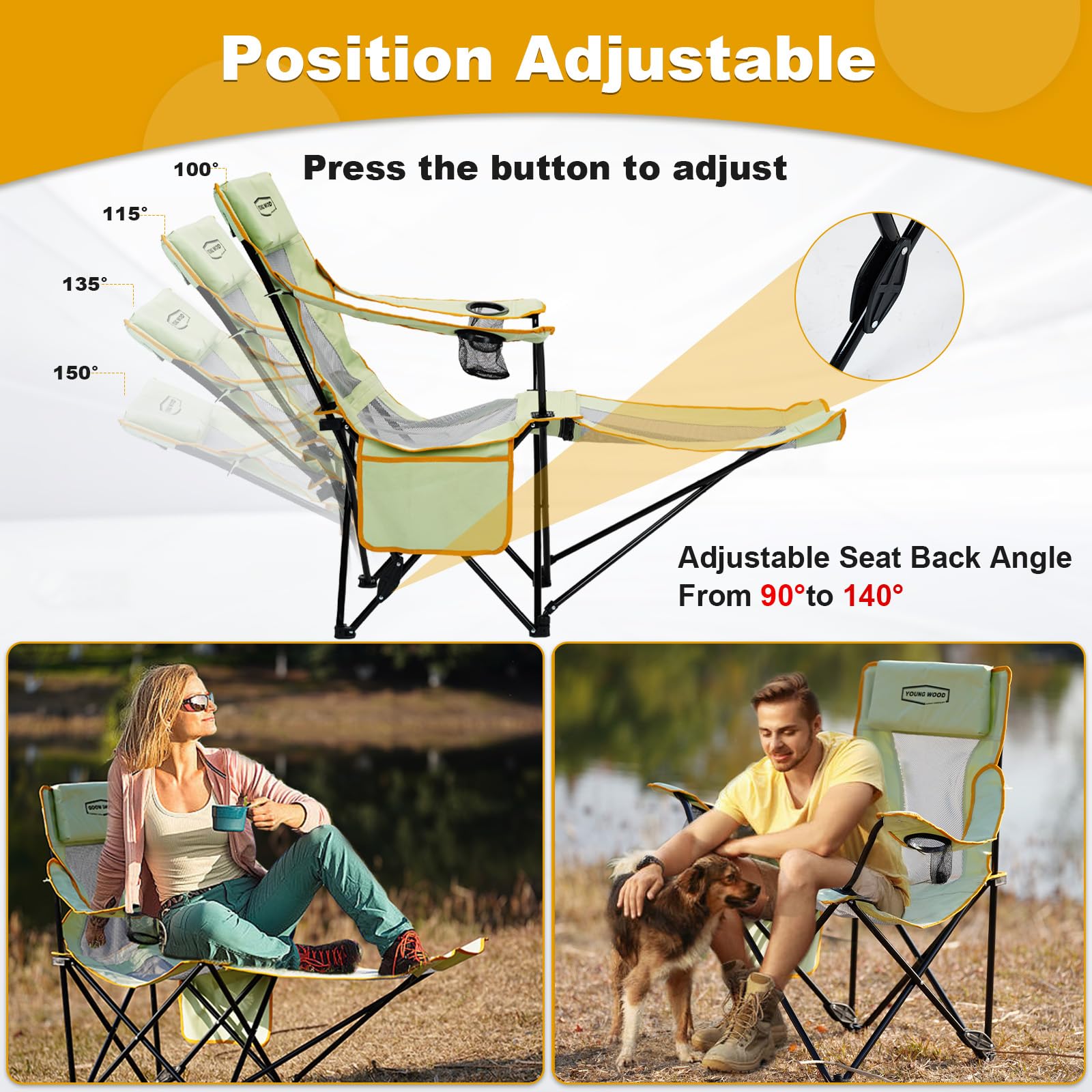 YOUNG WOOD camping lounge chair foot-rest highlights leg support for relaxing outdoors.