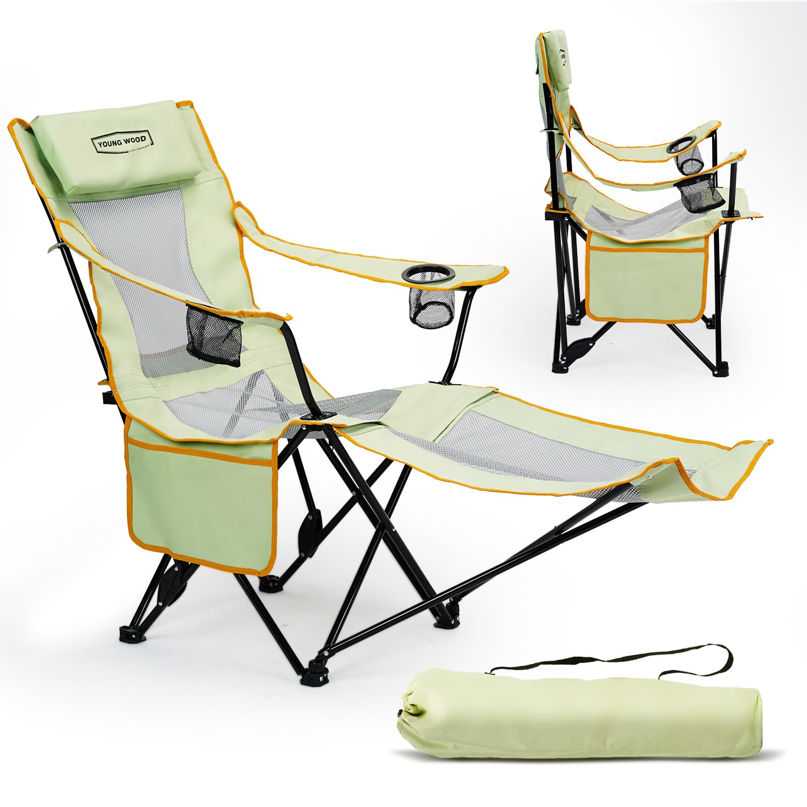 YOUNG WOOD camping lounge chair front view showing a sturdy frame for outdoor seating.