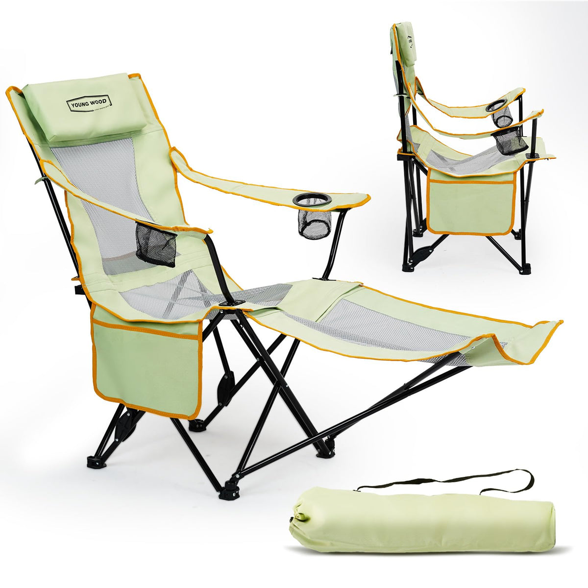 YOUNG WOOD camping lounge chair front view showing a sturdy frame for outdoor seating.