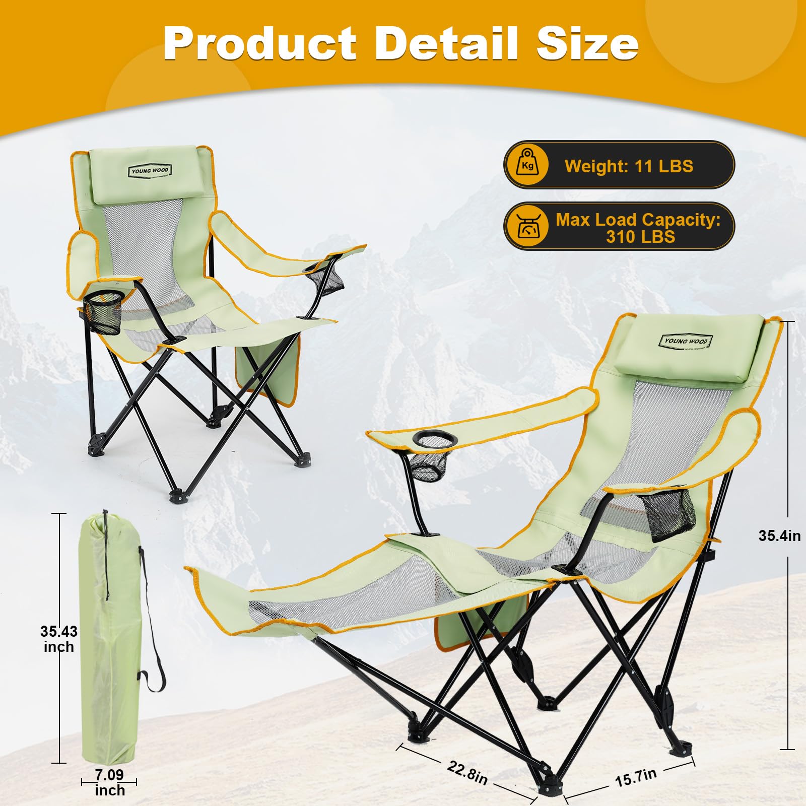 YOUNG WOOD camping lounge chair recline-back demonstrates adjustable comfort for lounging.