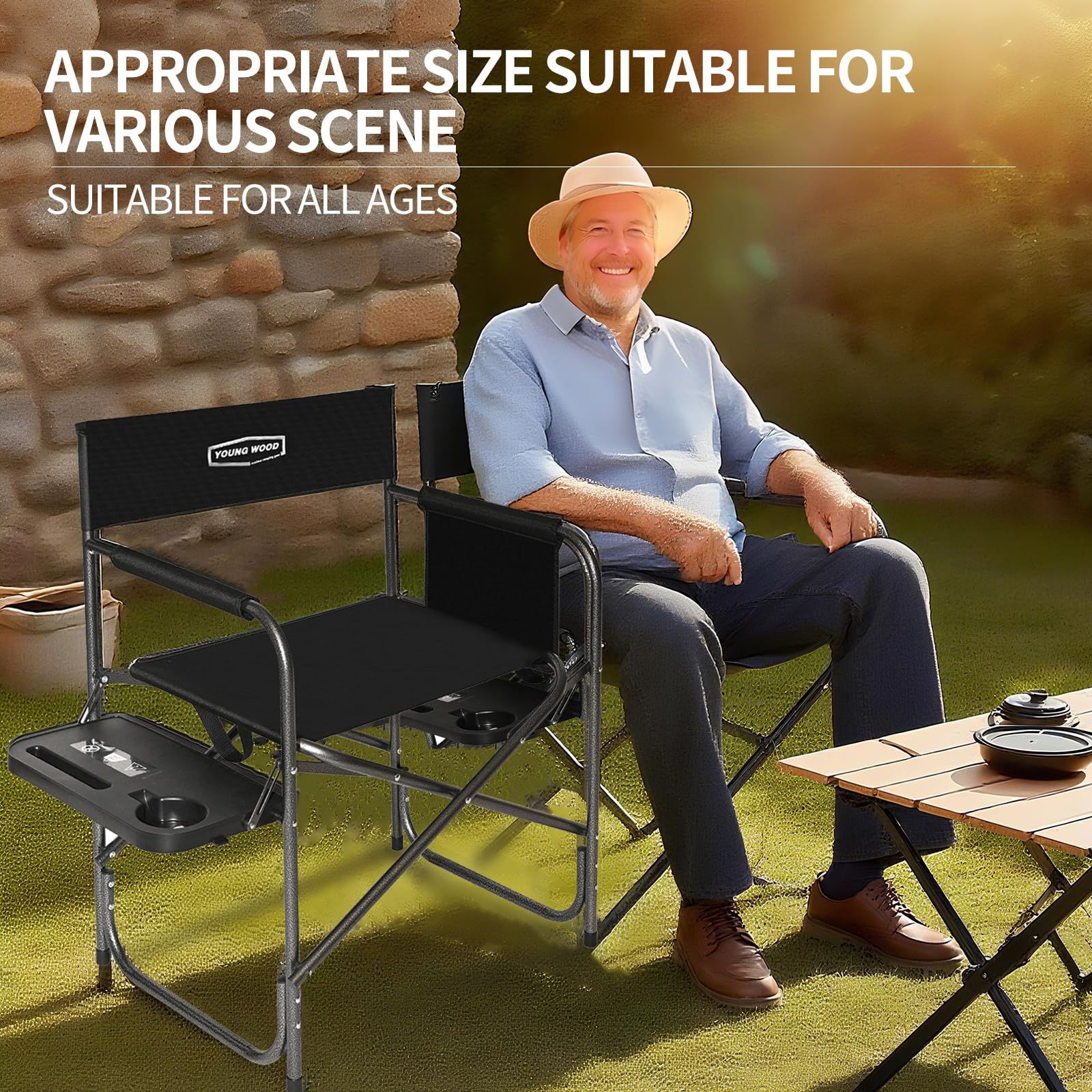 YOUNG WOOD chair side table and pockets illustrate organized outdoor seating.