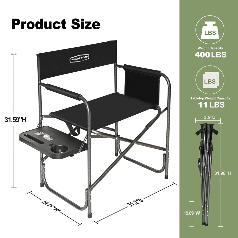 YOUNG WOOD directors chair with storage pockets keeps essentials within reach.