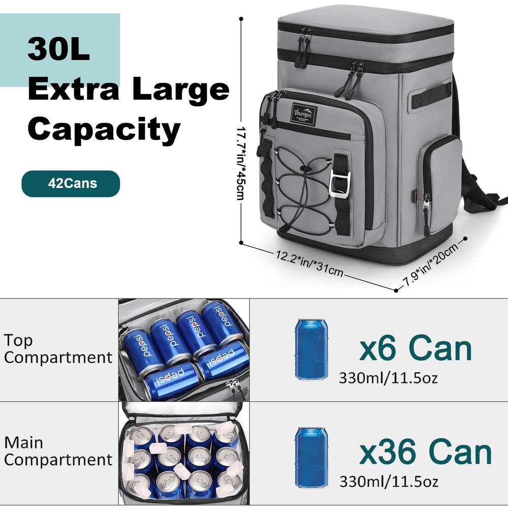 YOUNGOA 42Cans cooler backpack top lid keeps drinks accessible on picnics.