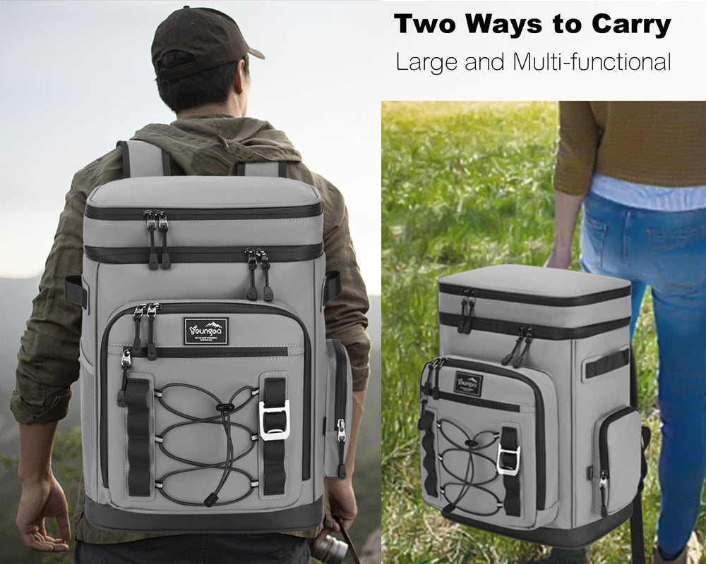 YOUNGOA grey cooler backpack showcased with insulated compartments for meals.