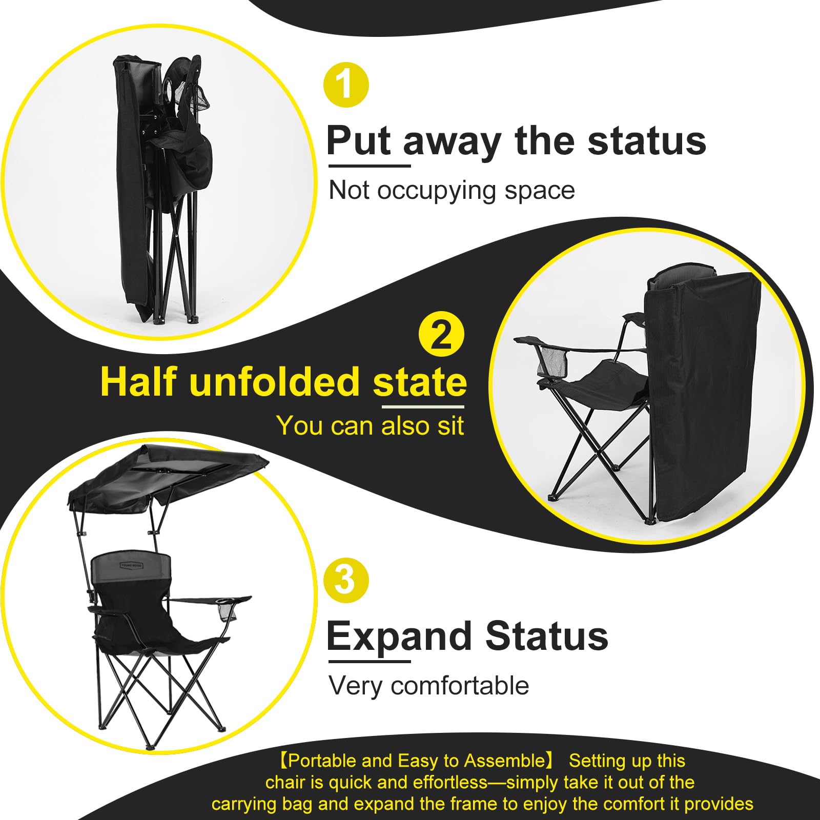 YOUNG WOOD camping chair at the beach scene offers breathable seating under shade