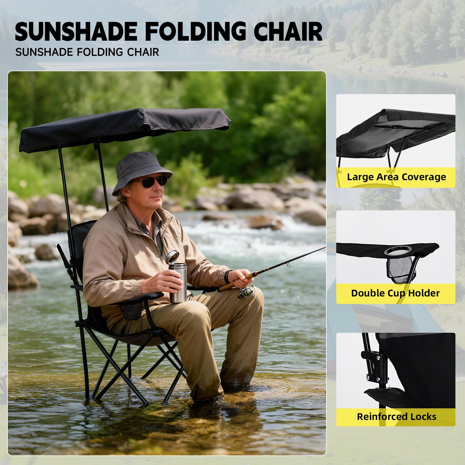 YOUNG WOOD camping chair canopy adjustable allows flexible sun shading