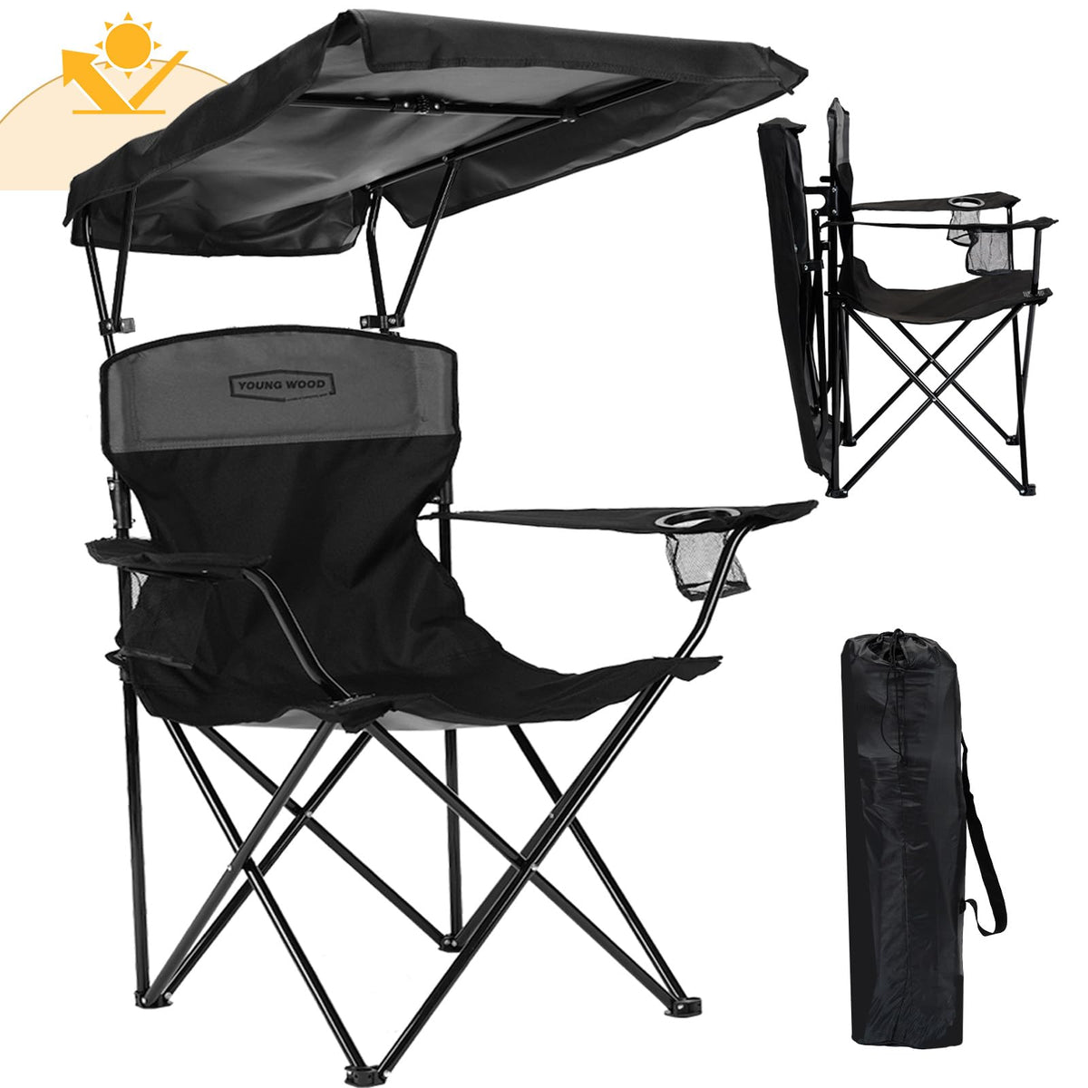 YOUNG WOOD camping chair canopy extended provides shaded comfort on sunny days