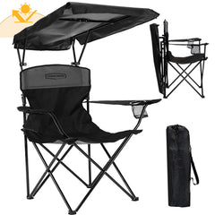 YOUNG WOOD camping chair canopy extended provides shaded comfort on sunny days