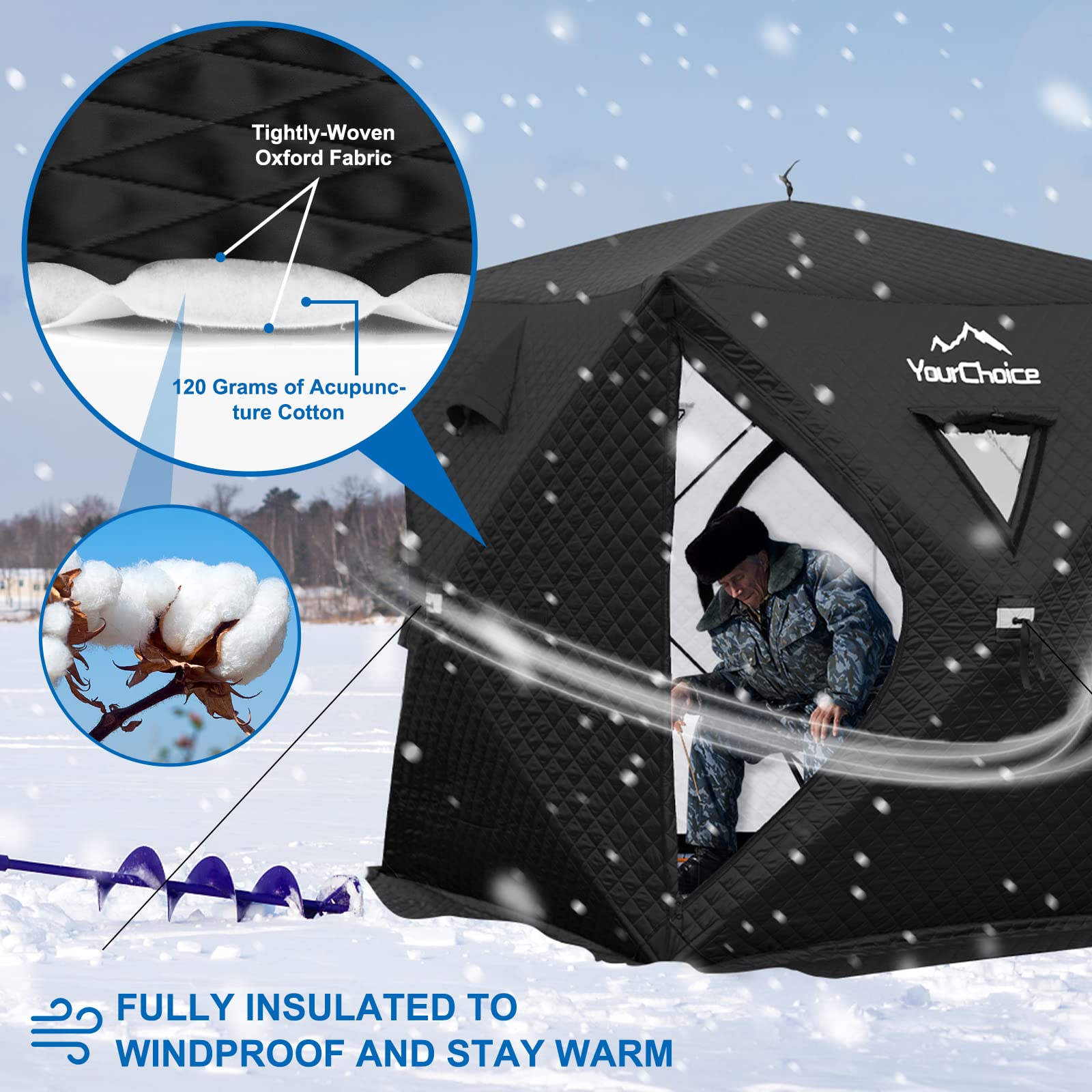 Upgraded durable zipper on the ice fishing shelter