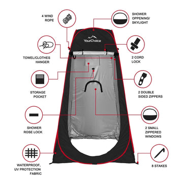 Your Choice Pop Up Privacy Tent shower setup with ceiling zipper for overhead rinsing.