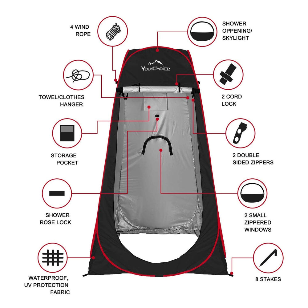 Your Choice Pop Up Privacy Tent shower setup with ceiling zipper for overhead rinsing.