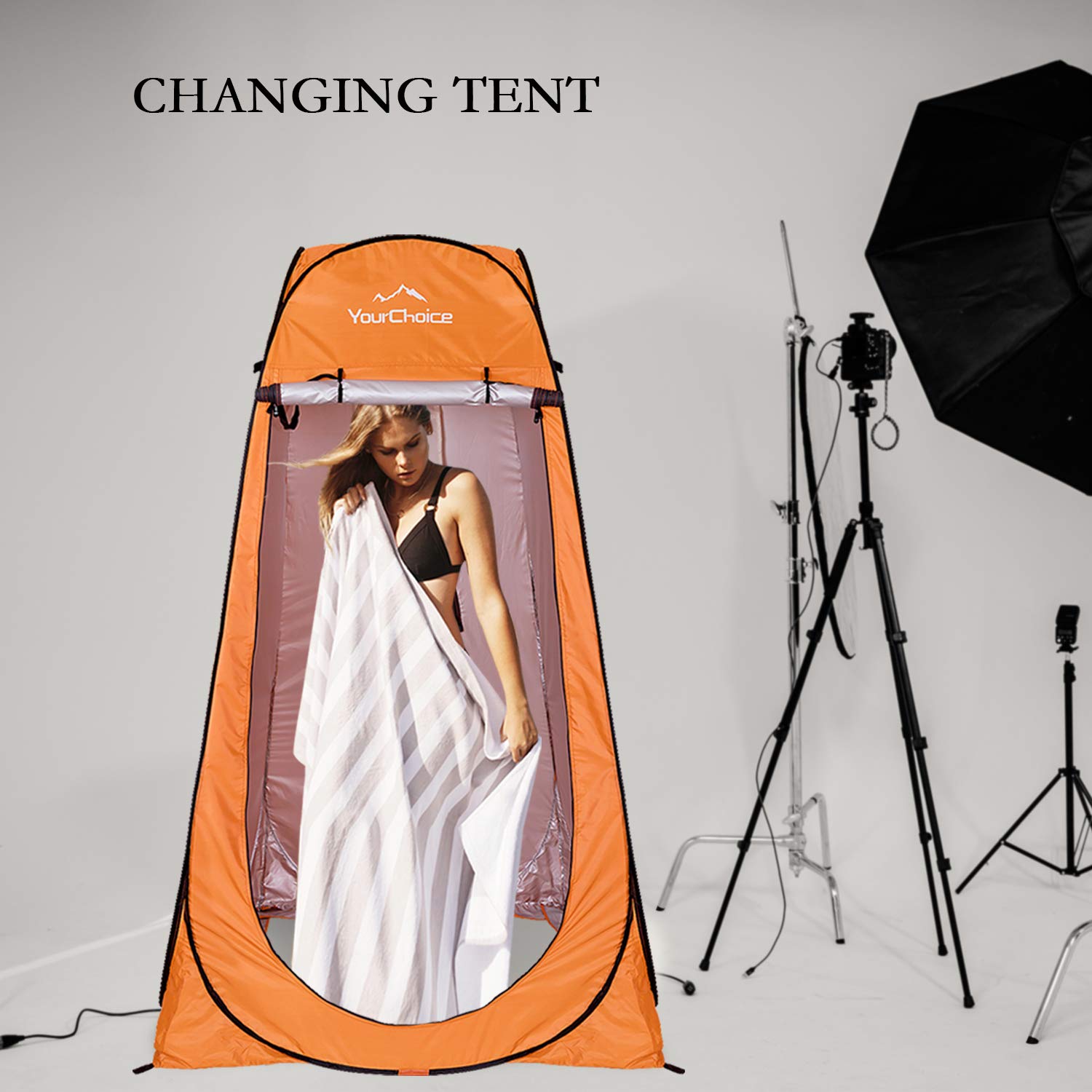 Your Choice pop-up privacy tent silver-coated fabric enhances privacy while letting light through.