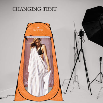 Your Choice pop-up privacy tent silver-coated fabric enhances privacy while letting light through.
