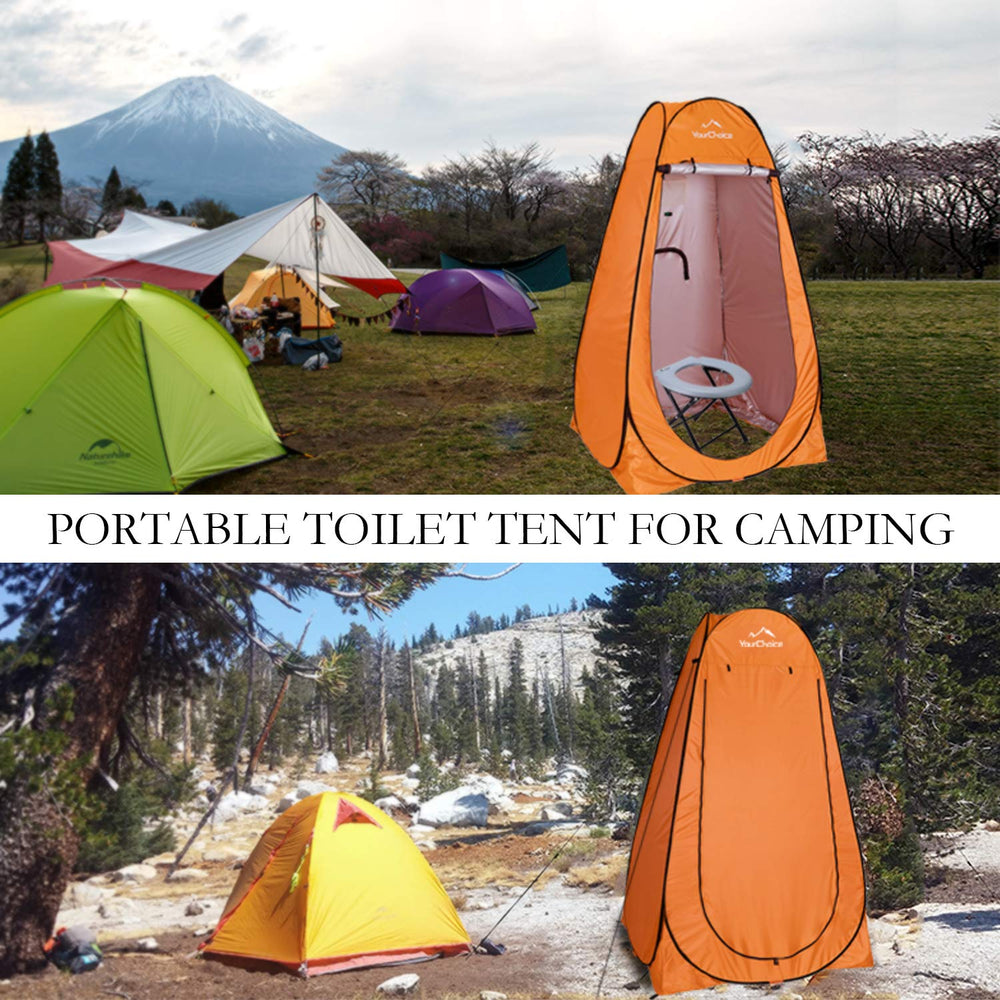 Your Choice pop-up privacy tent secured with rust-proof stakes for stable outdoor setup.