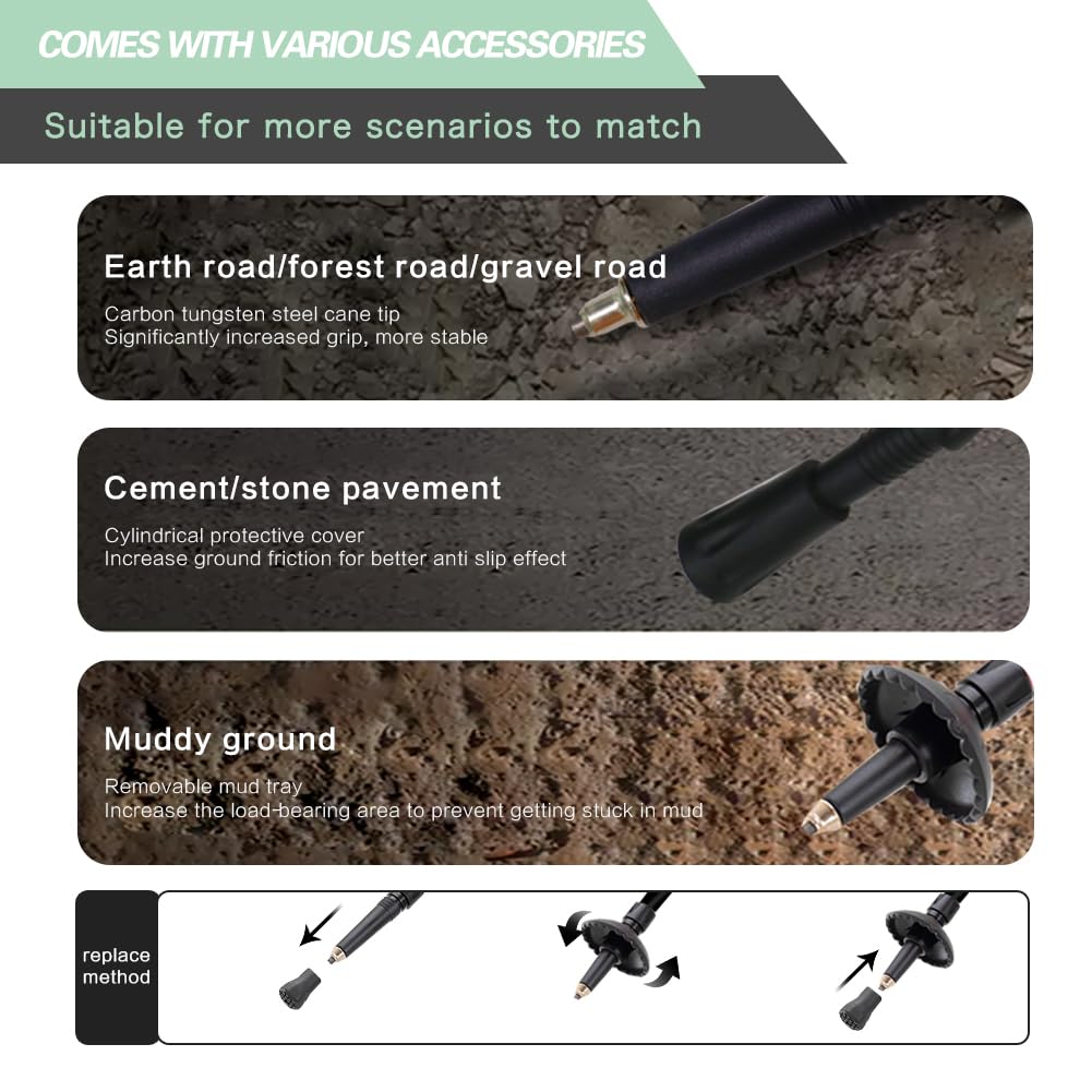 Yourjoy poles include replaceable tips and snow baskets for varied terrain.