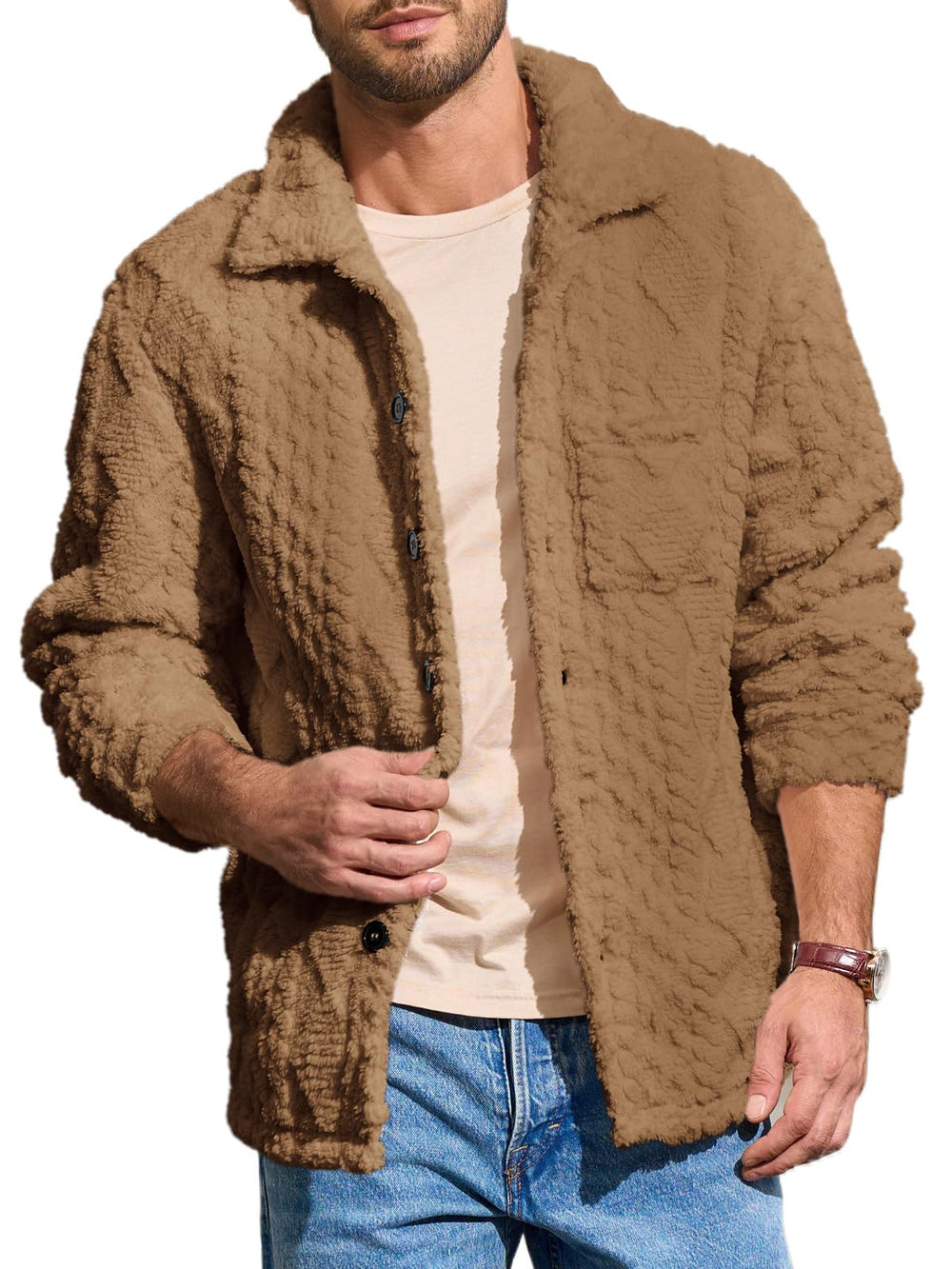 Yousify men's fuzzy sherpa jacket front view highlights warm fleece and easy-on button closure