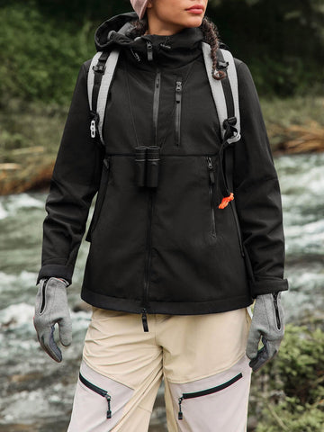 Yousify women's fleece-lined rain jacket outer-shell detail demonstrates wind resistance for blustery days.
