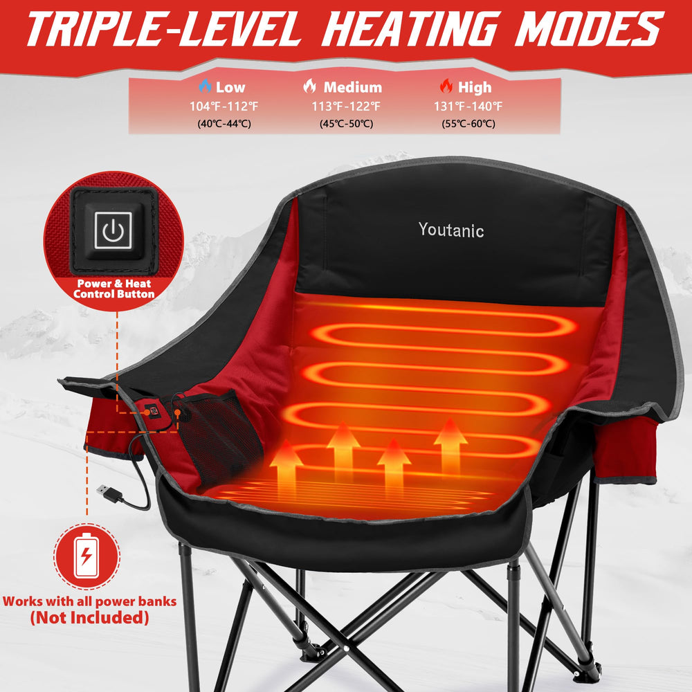 Youtanic heated camping chair dual heating zones illustrating back and seat warmth