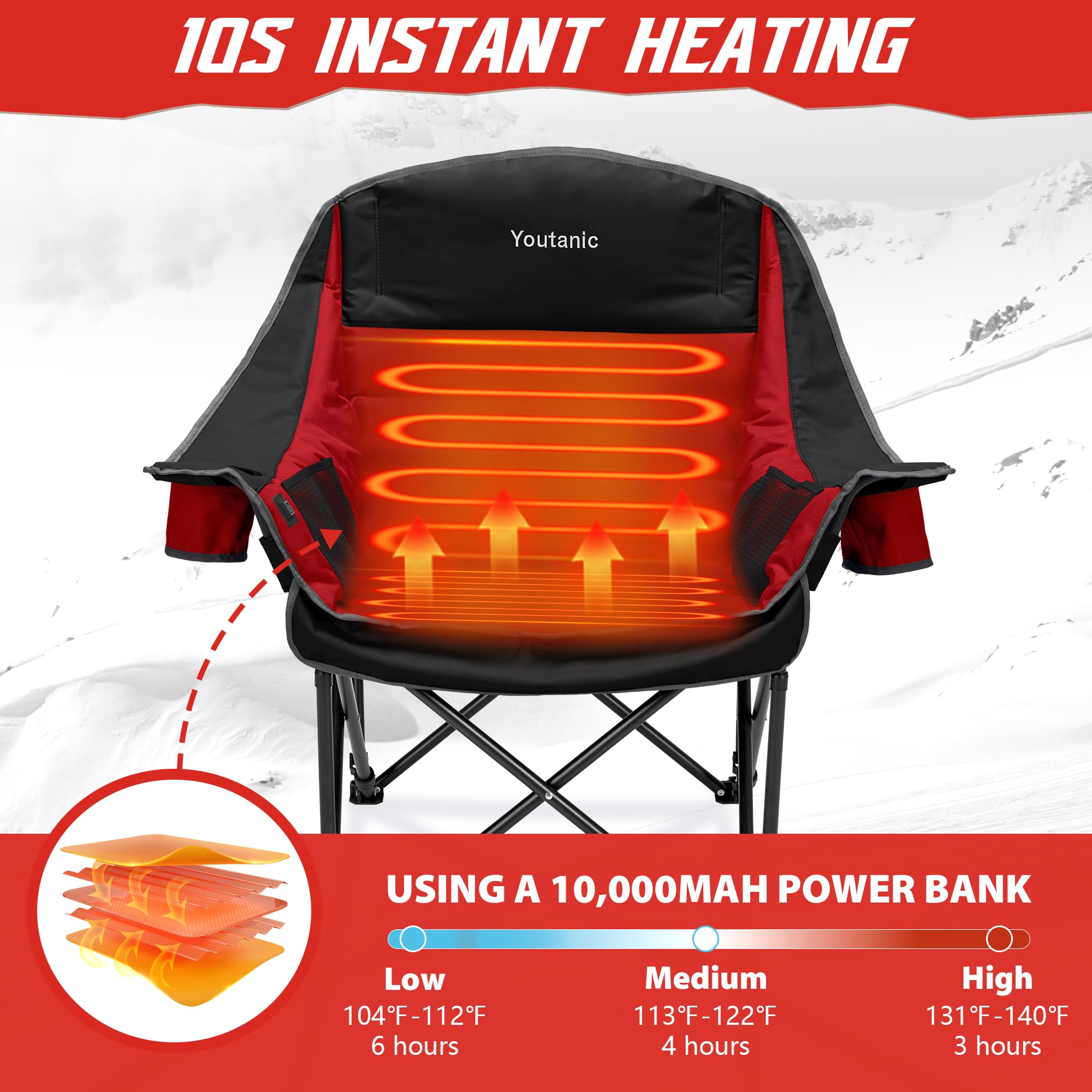 Youtanic heated camping chair folded with carrying bag for travel