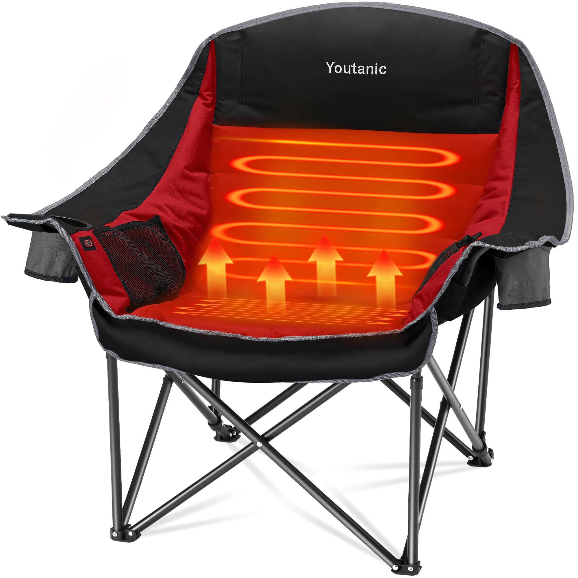 Youtanic heated camping chair front view showing oversized seat for outdoor warmth