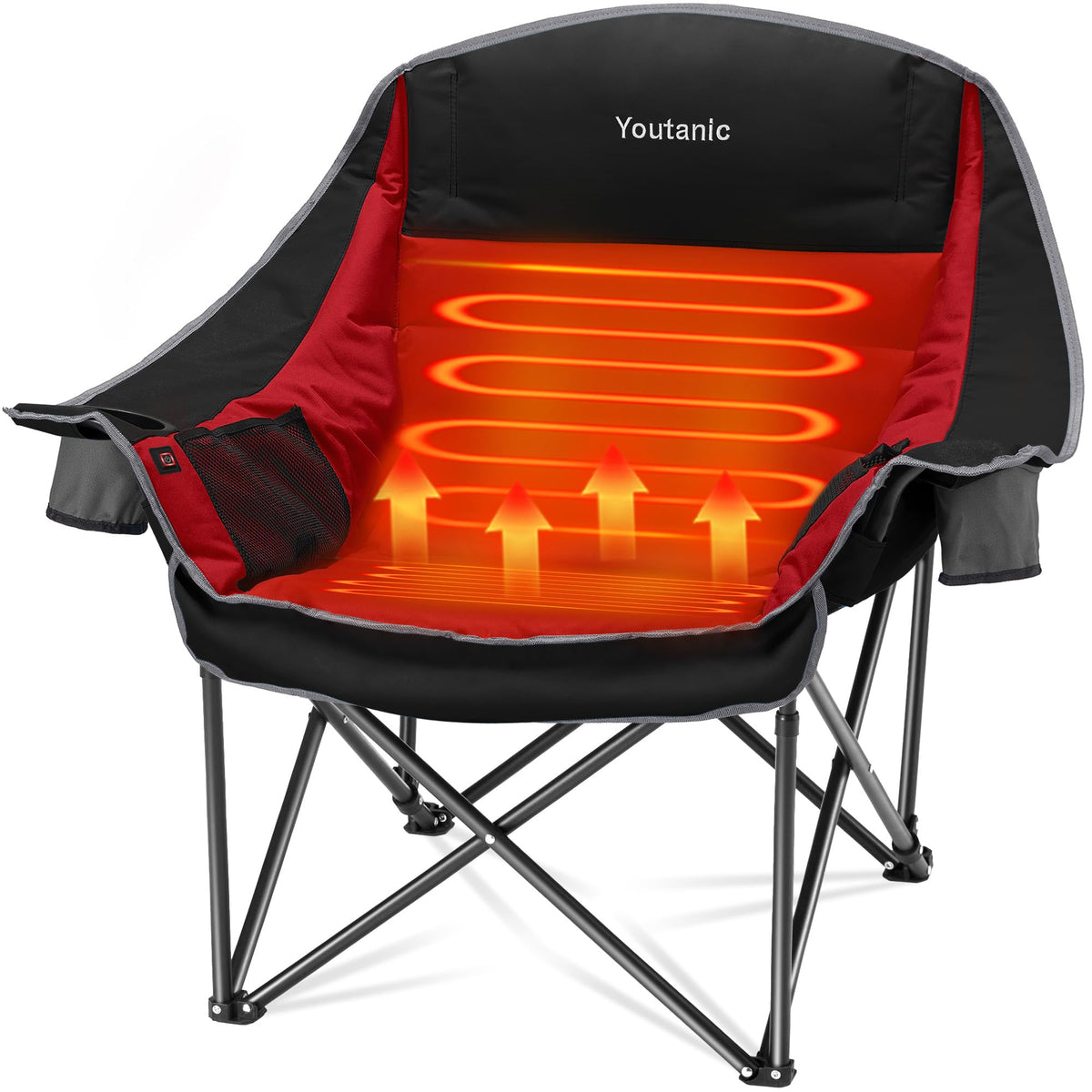 Youtanic heated camping chair front view showing oversized seat for outdoor warmth