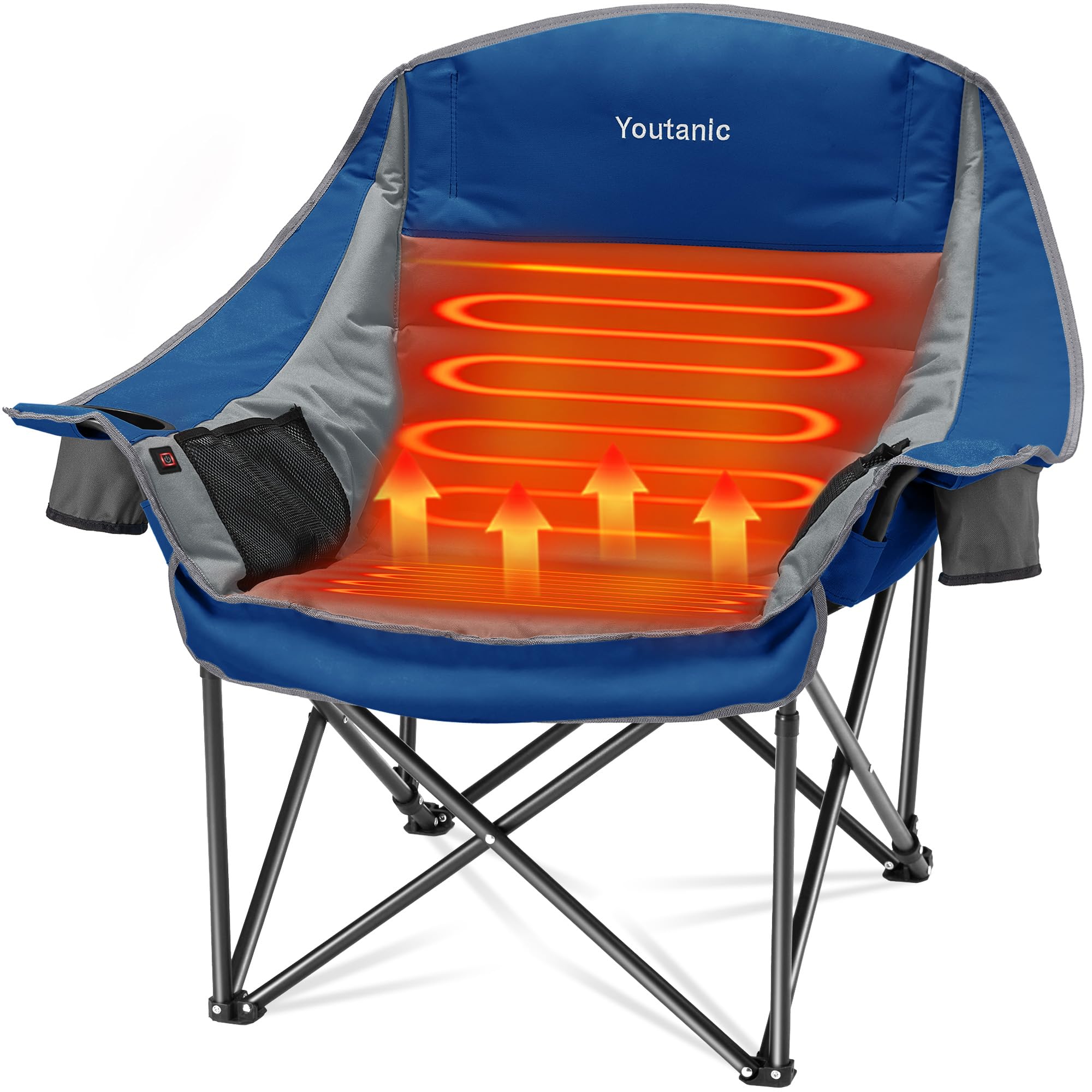 Youtanic heated camping chair full side view for all-day outdoor comfort.