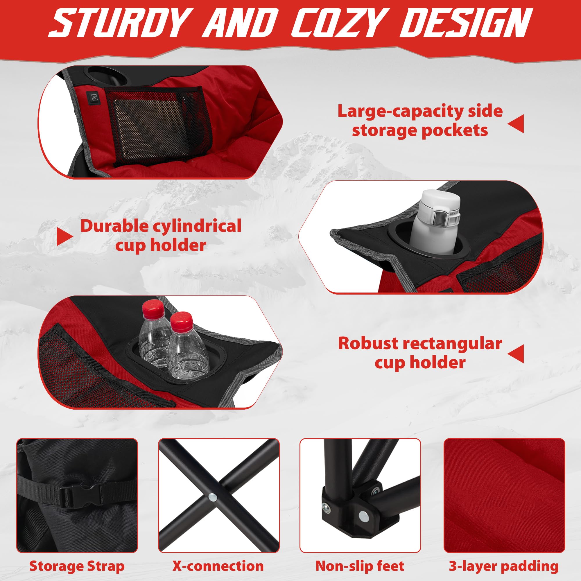 Youtanic heated camping chair heavy-duty frame closeup showing durable steel