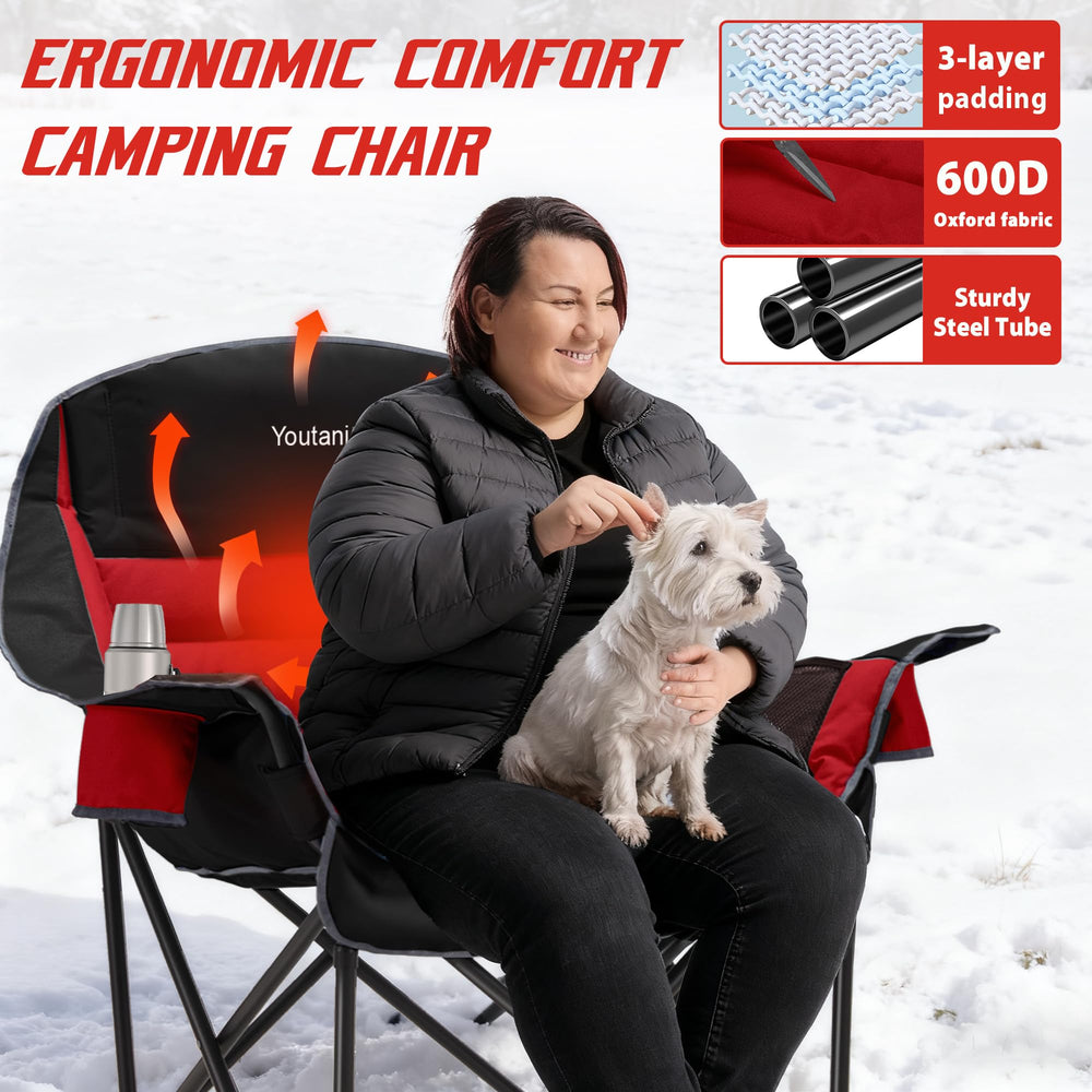 Youtanic heated camping chair side pockets and cup holder in use