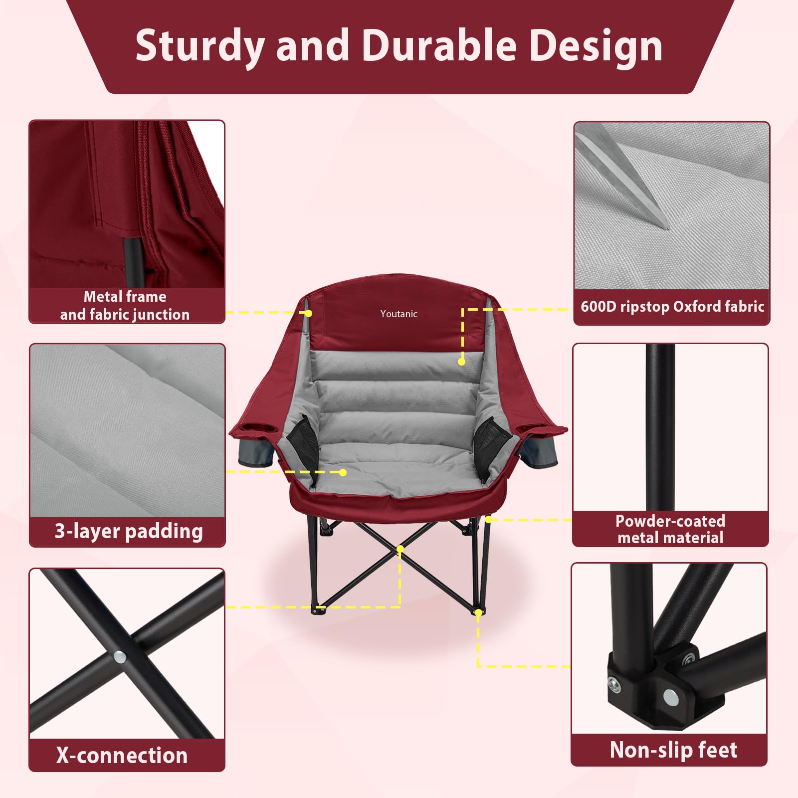 Youtanic oversized camping chair shows 400lbs capacity for stable seating