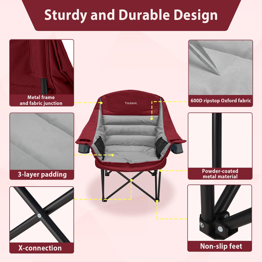 Youtanic oversized camping chair shows 400lbs capacity for stable seating