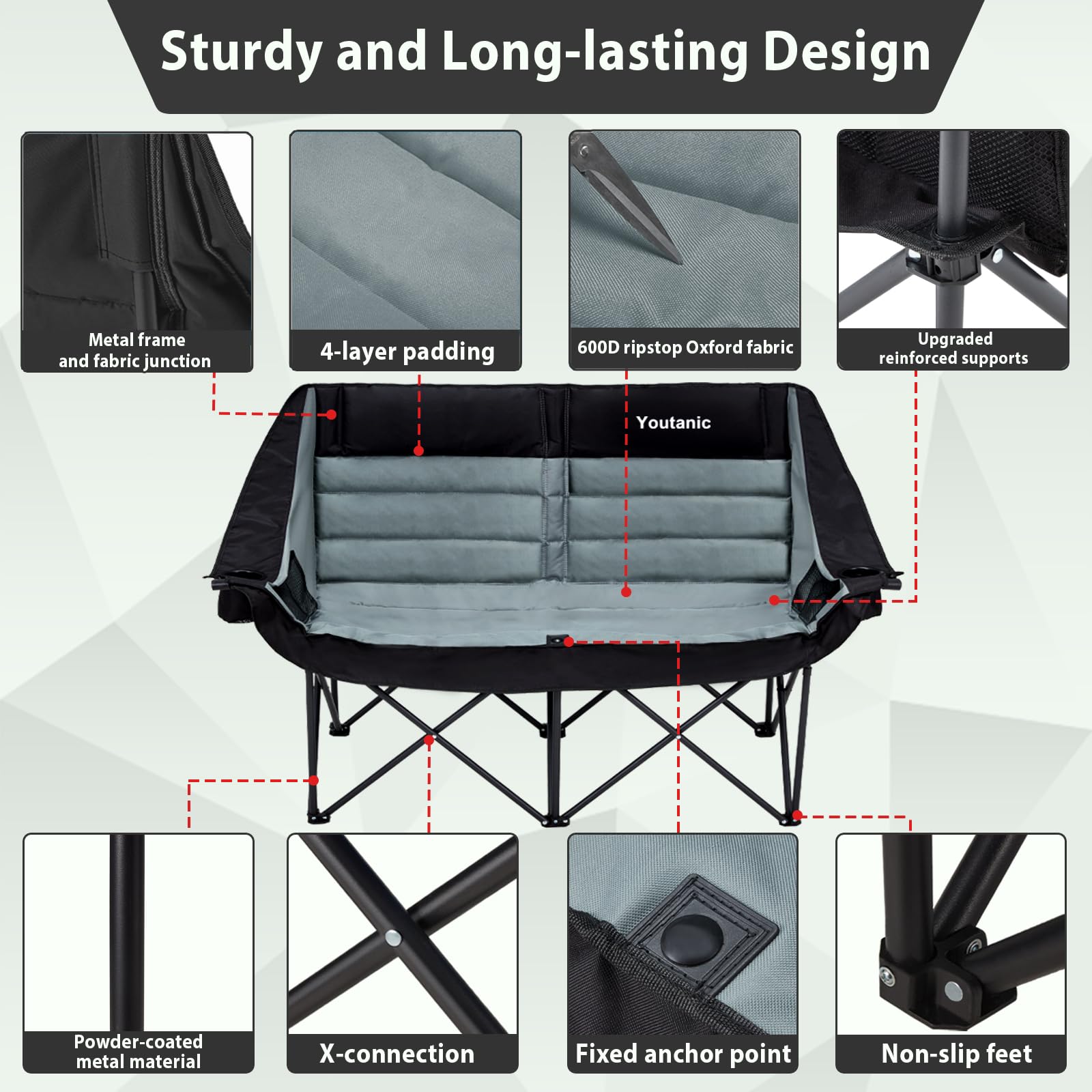 Youtanic Oversized Camping Chair with four cup holders for drinks within reach.