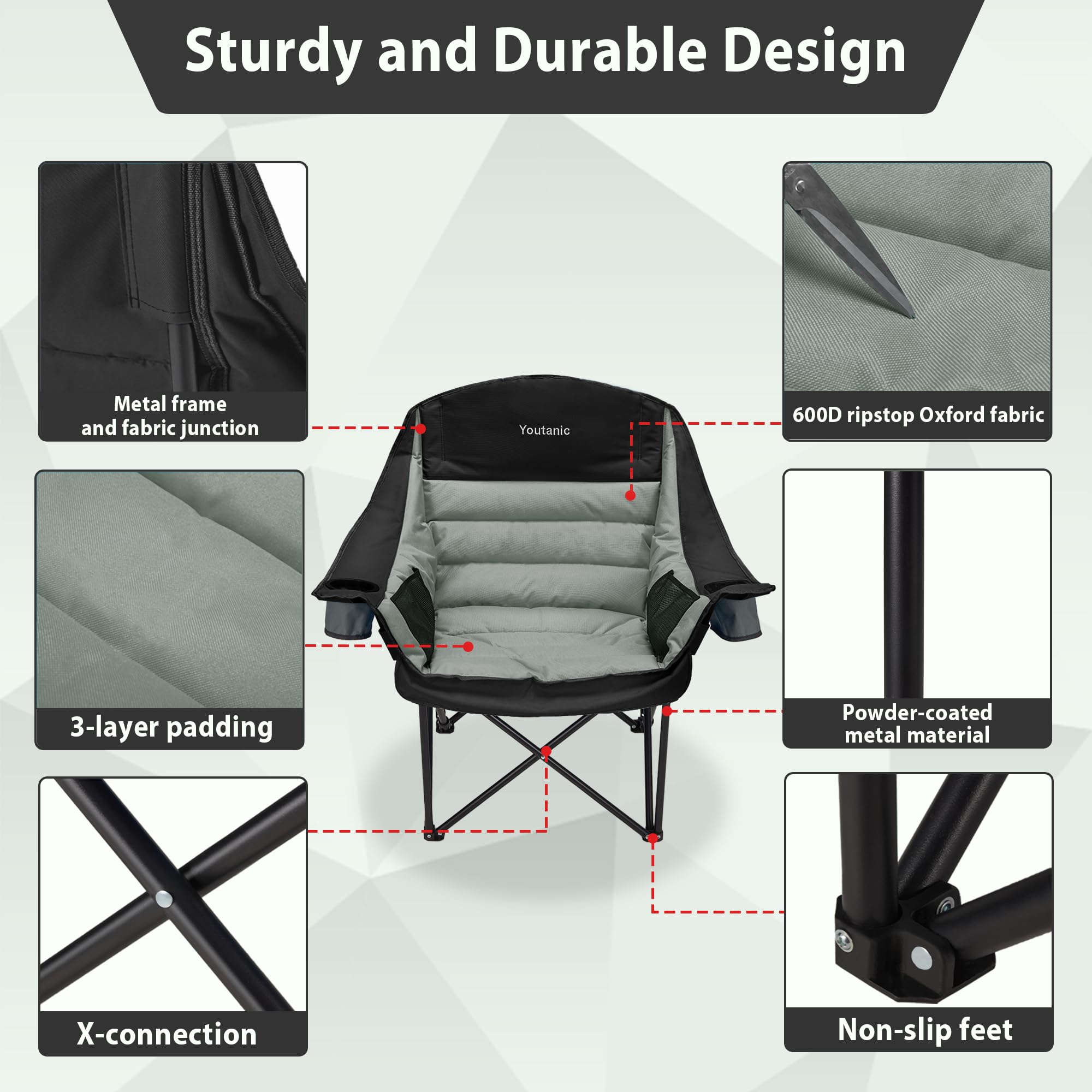 Youtanic Oversized Camping Chair supports up to 400 pounds with durable fabric.