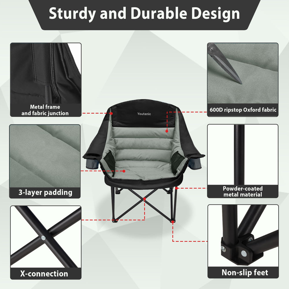 Youtanic Oversized Camping Chair supports up to 400 pounds with durable fabric.