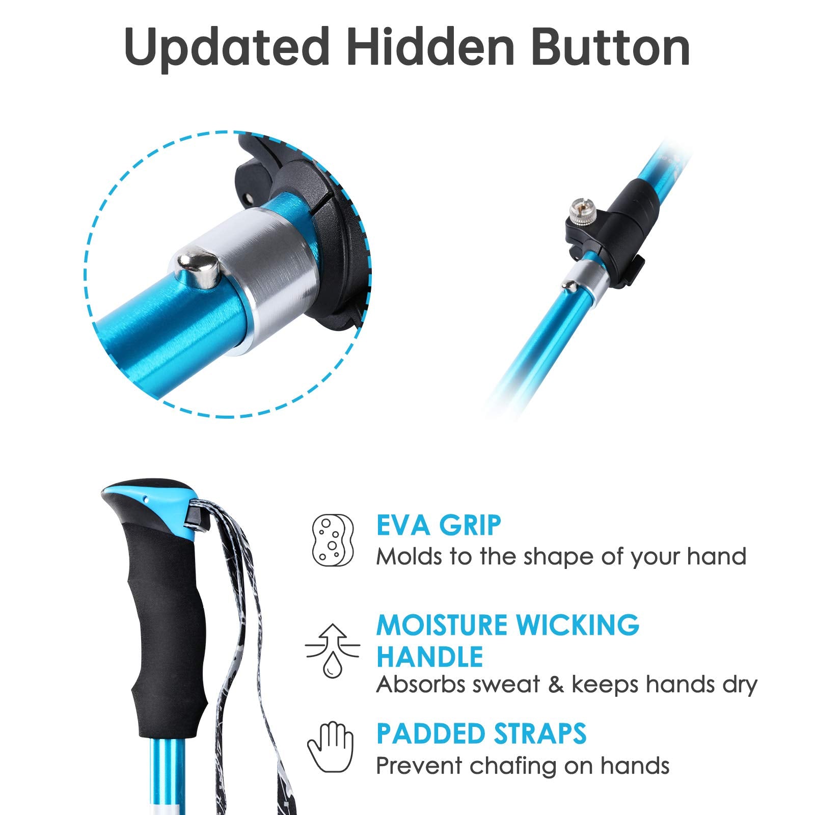 YOVITAL trekking-poles-ergonomic-handle-EVA provides sweat-absorbing grip.