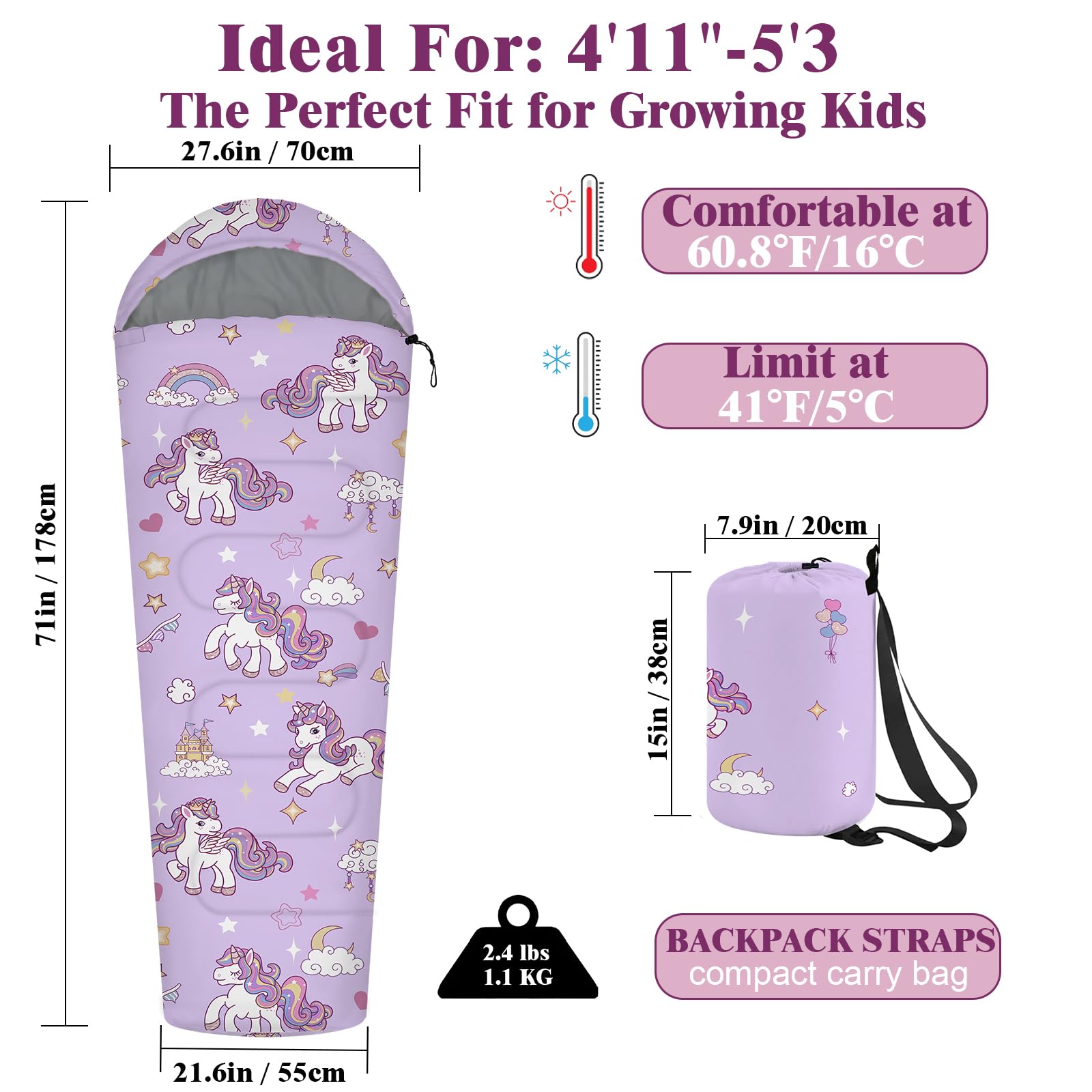 YOVOMEE kids sleeping bag 3D footbox adds extra space for growing feet