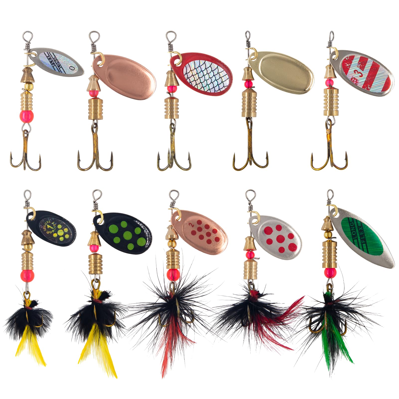 YPWUE Rooster Tail Inline Spinner Lures – 10-piece kit for trout and bass