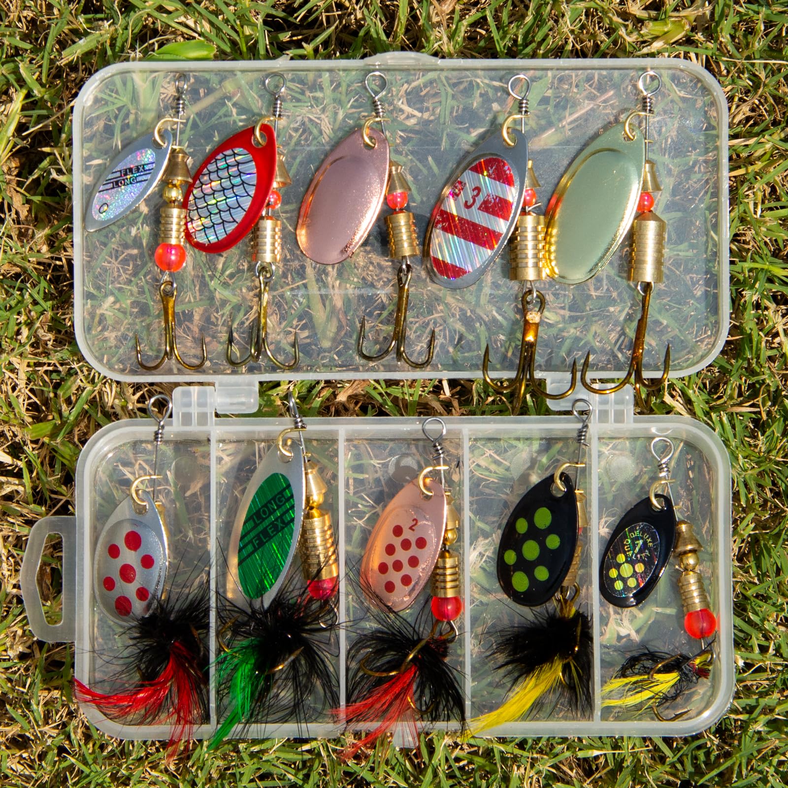 Five rooster tail spinning lures with sharp treble hooks