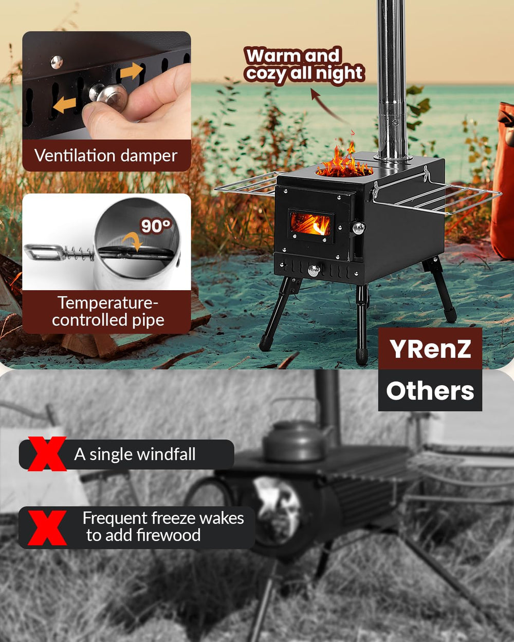 YRenZ camping stove in use providing quick warmth at base camp