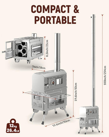 YRenZ tent stove and oven assembled for quick setup and efficient outdoor cooking