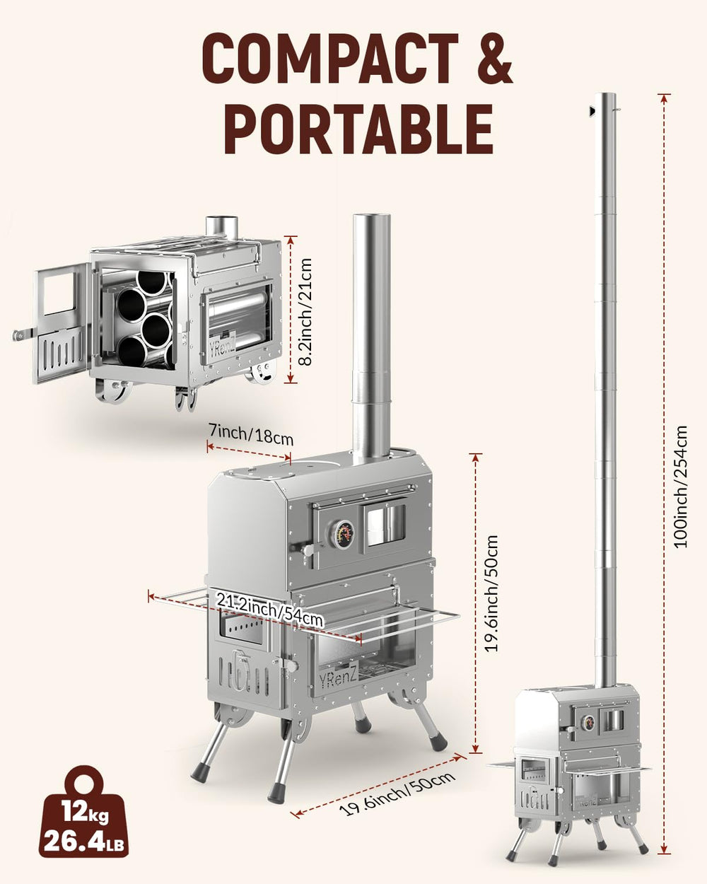 YRenZ tent stove and oven assembled for quick setup and efficient outdoor cooking