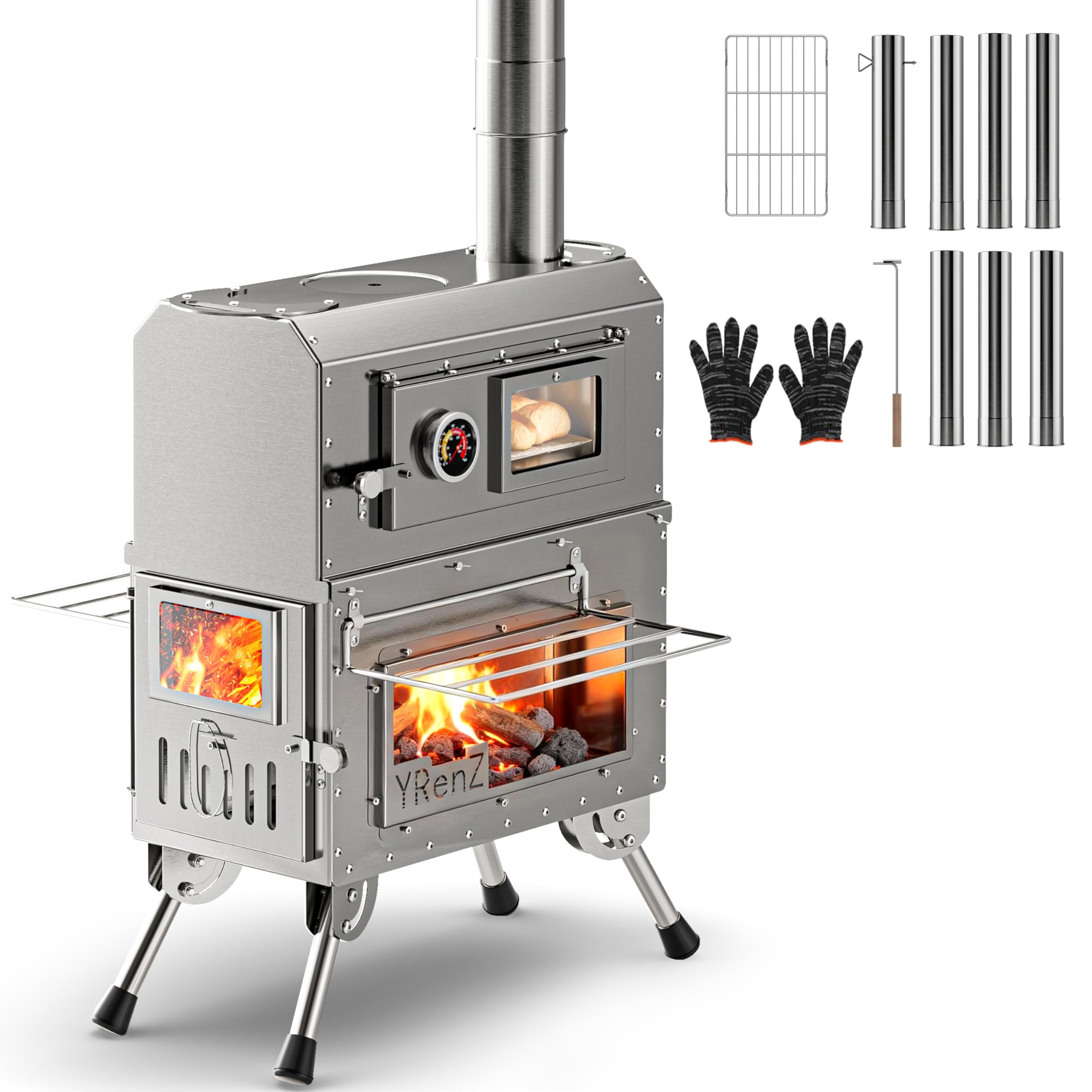 YRenZ tent stove with oven glass door for easy temperature monitoring during camp cooking