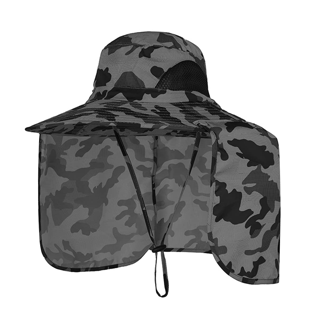 YR.Lover Sun Blocker Hat front view in dark grey camo with full sun protection.