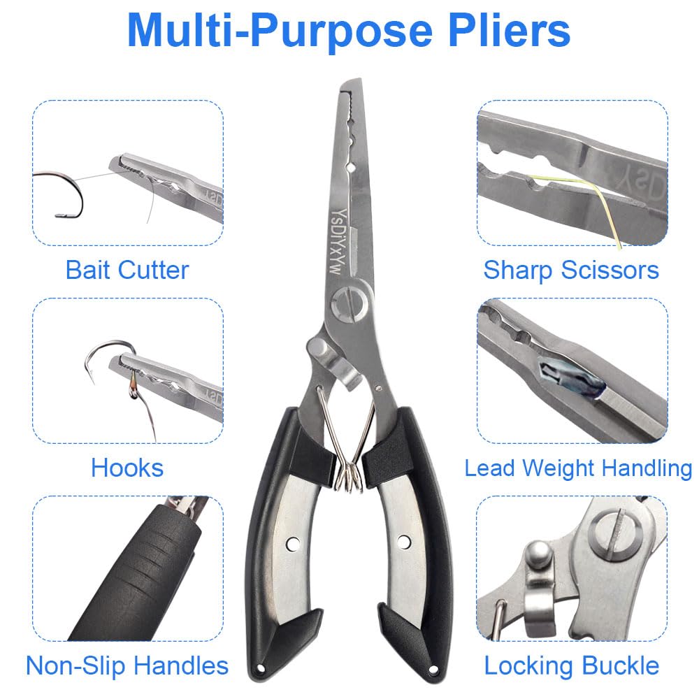 Pliers showing hook remover and line cutting features