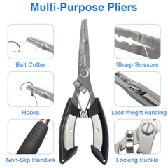 Pliers showing hook remover and line cutting features