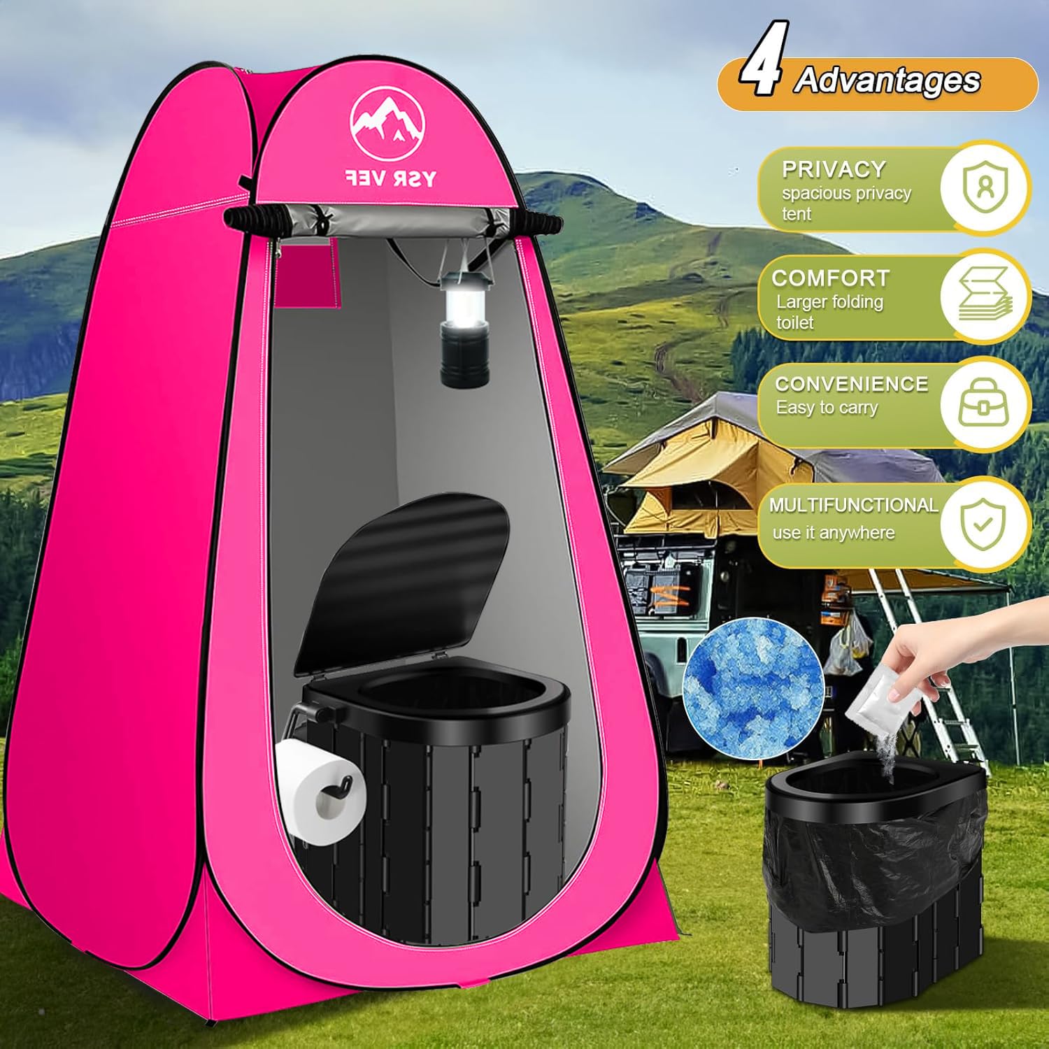 YSR VEF camping lantern lit at night delivering clear visibility for safe camping routines.