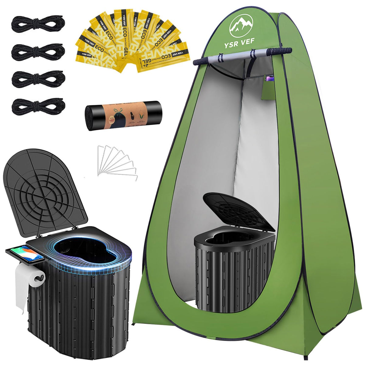 YSR VEF camping toilet folded for compact storage and travel.