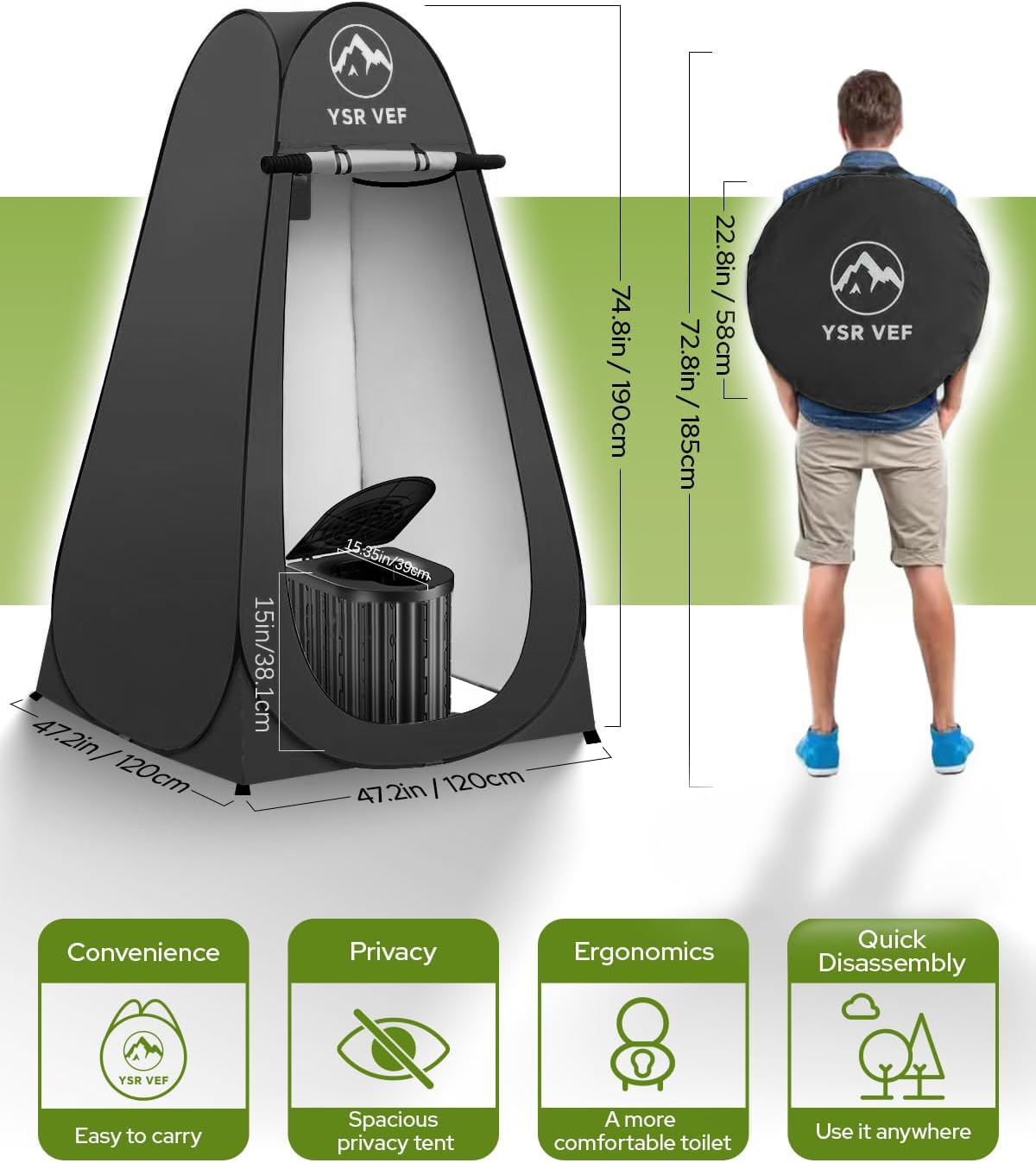 YSR VEF pop-up privacy tent set up for private outdoor bathroom